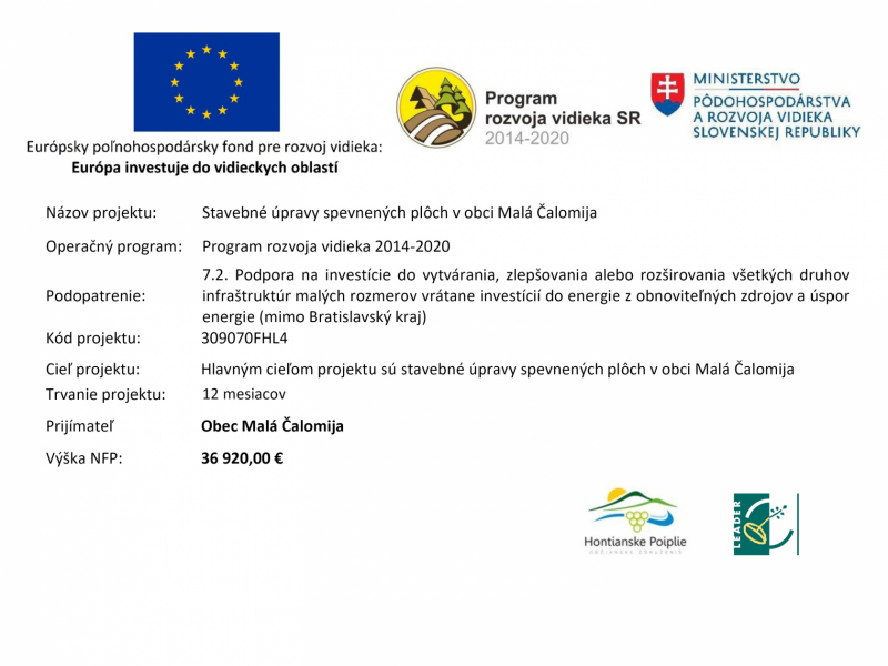 Úradná tabuľa / Stavebné úpravy spevnených plôch v obci Malá Čal